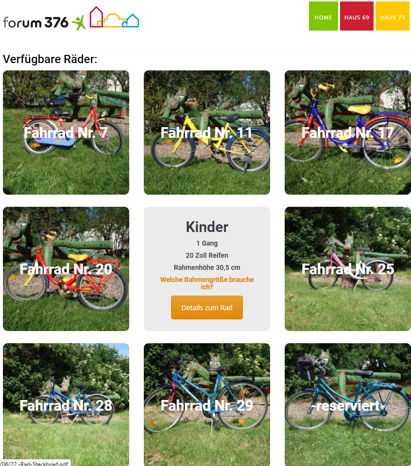 acht Fotos von verfügbaren Kinderrädern unterschiedlicher Größe sind kachelförmig angeordnet