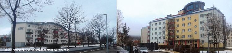 Zwei Fotoaufnahmen nebeneinander von unterschiedlichen Gebäuden. Beide Aufnahmen mit kahlen Bäumen und grauem Himmel.  