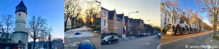 Vierteilig: Links ein Turm mit blauem Himmel im Hintergrund. Mittig links ein Weg mit Schnee und kahlen Bäumen. Mittig rechts eine Straße mit Blick auf Wohnhäuser. Rechts eine Haltestelle mit einer Straßenbahn.