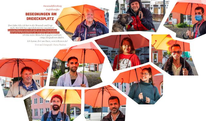 Kacheln mit zehnverschiedenen Kacheln von Fotos unterschiedlicher Kiezbewohnerinnen und Bewohner unter dem orangenen Regenschirm